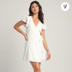 NWT XL Lulus Much to Celebrate White Swiss Dot Flutter Sleeve Wrap Mini Dress